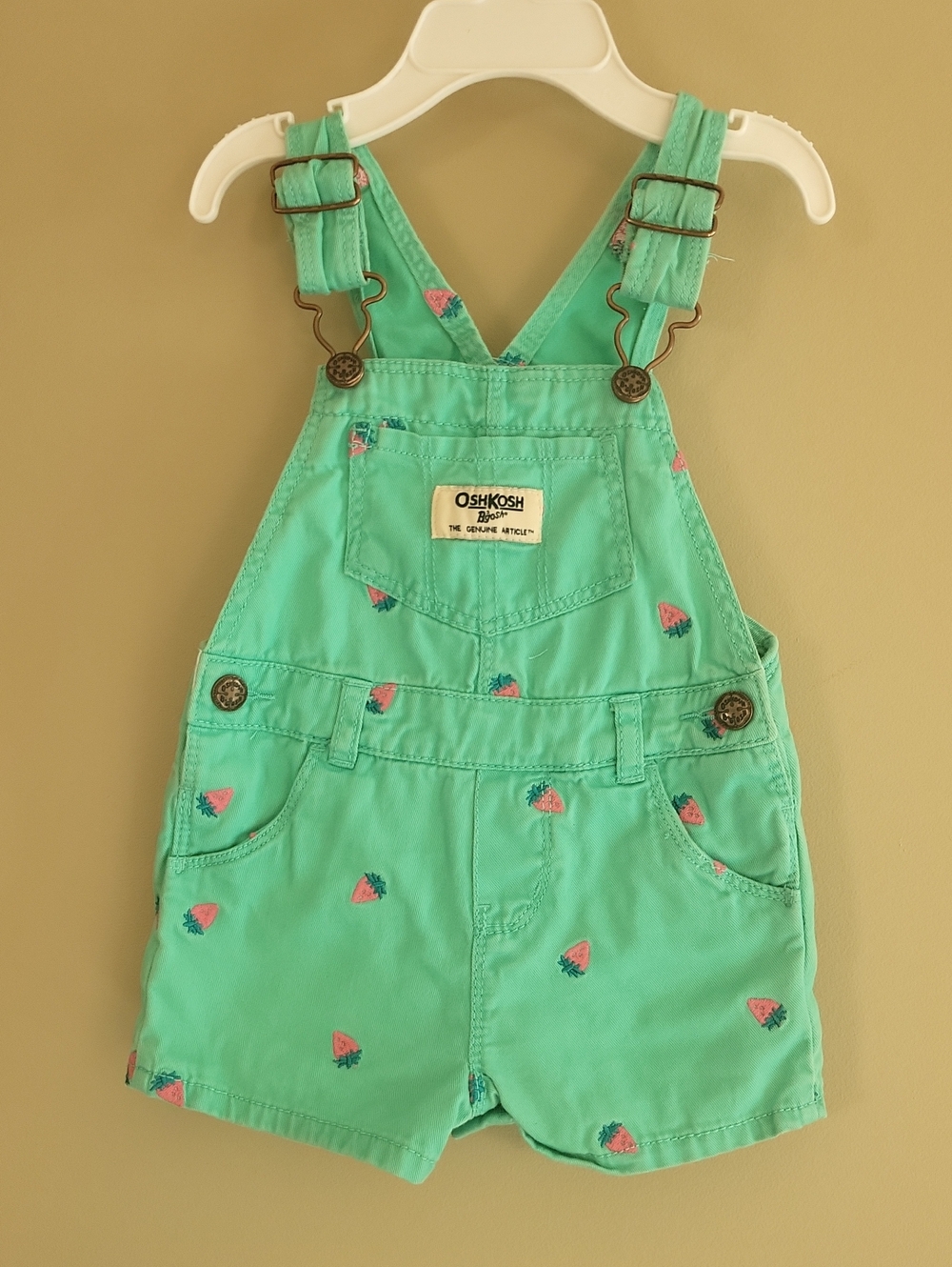 OshKosh B'gosh mint green embrodiered strawberry shortalls
